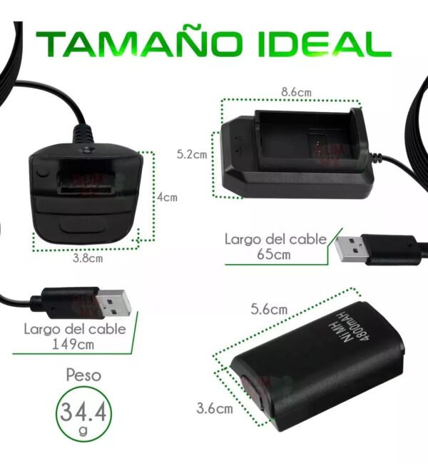 Kit Bateria Cargador Cable Carga Y Juega 4800mha Xbox 360 - Imagen 2