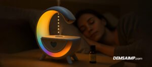 Lámpara Bluetooth con humidificador y luz LED multicolor en mesa de noche, liberando vapor junto a aceites esenciales, con una mujer descansando.