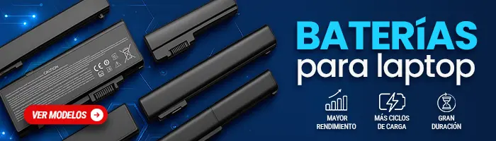 Banner promocional de baterías para laptop con botón de compra y beneficios como mayor rendimiento, duración y más ciclos de carga.